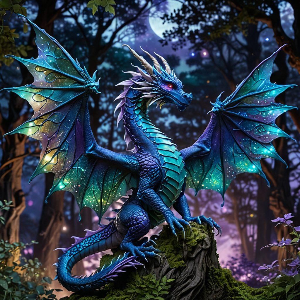 A stunning fantasy scene featuring a mythical creature, such as a dragon, gracefully intertwined with a whimsical fairy, set against a backdrop of enchanted forests and ethereal glowing lights. The characters should exude passion and emotion through their expressions and colors, capturing the essence of glamour and storytelling. Include detailed textures on the creatures' scales and wings, and a dreamy twilight sky above. vibrant colors. super-realistic.
