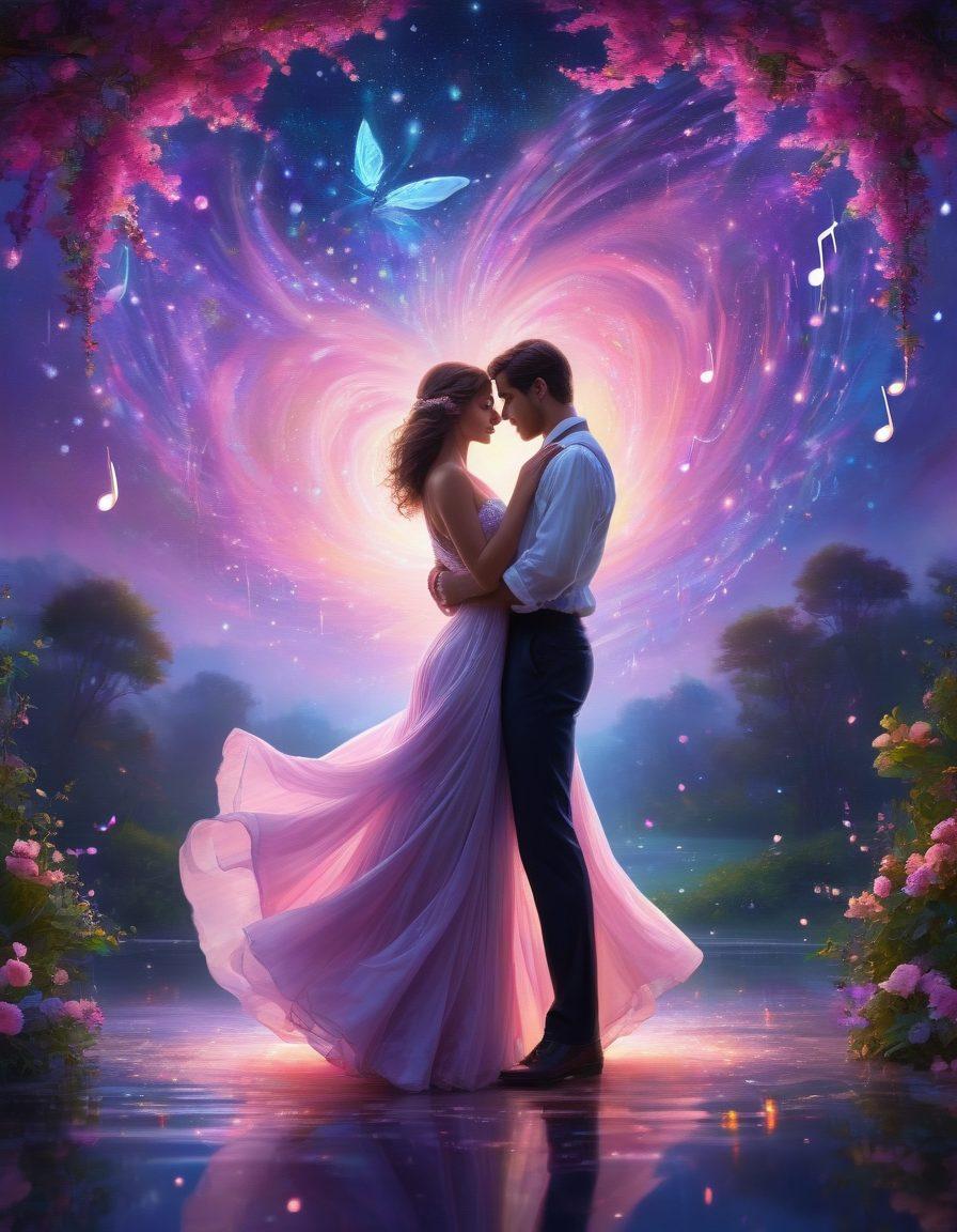 A dreamy scene featuring a couple dancing under a starlit sky, with musical notes swirling around them like fireflies. Ethereal colors blend harmoniously in the background, creating a romantic atmosphere. Incorporate flowing music sheets transforming into delicate flowers, symbolizing the intertwining of love and music. The couple should appear blissful and immersed in the moment, with soft glows accentuating their figures. whimsical art, vibrant colors, mystical background.