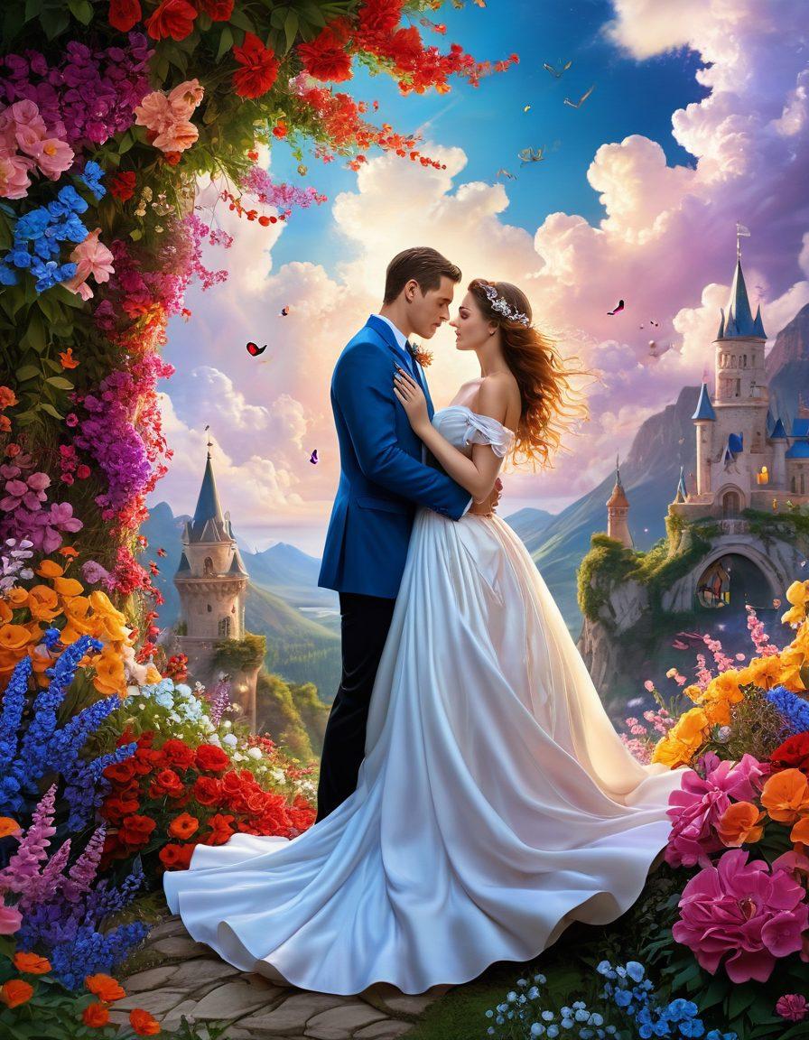 A whimsical and enchanting scene depicting a couple in a passionate embrace, surrounded by vibrant flowers and magical swirls of color. The background features dreamy, fantastical elements like floating hearts and soft clouds, embodying romance and artistic flair. The couple's clothing is adorned with intricate designs, highlighting their deep emotional bond. Soft, warm lighting enhances the overall allure of the composition. 3D. vibrant colors. fantasy art.
